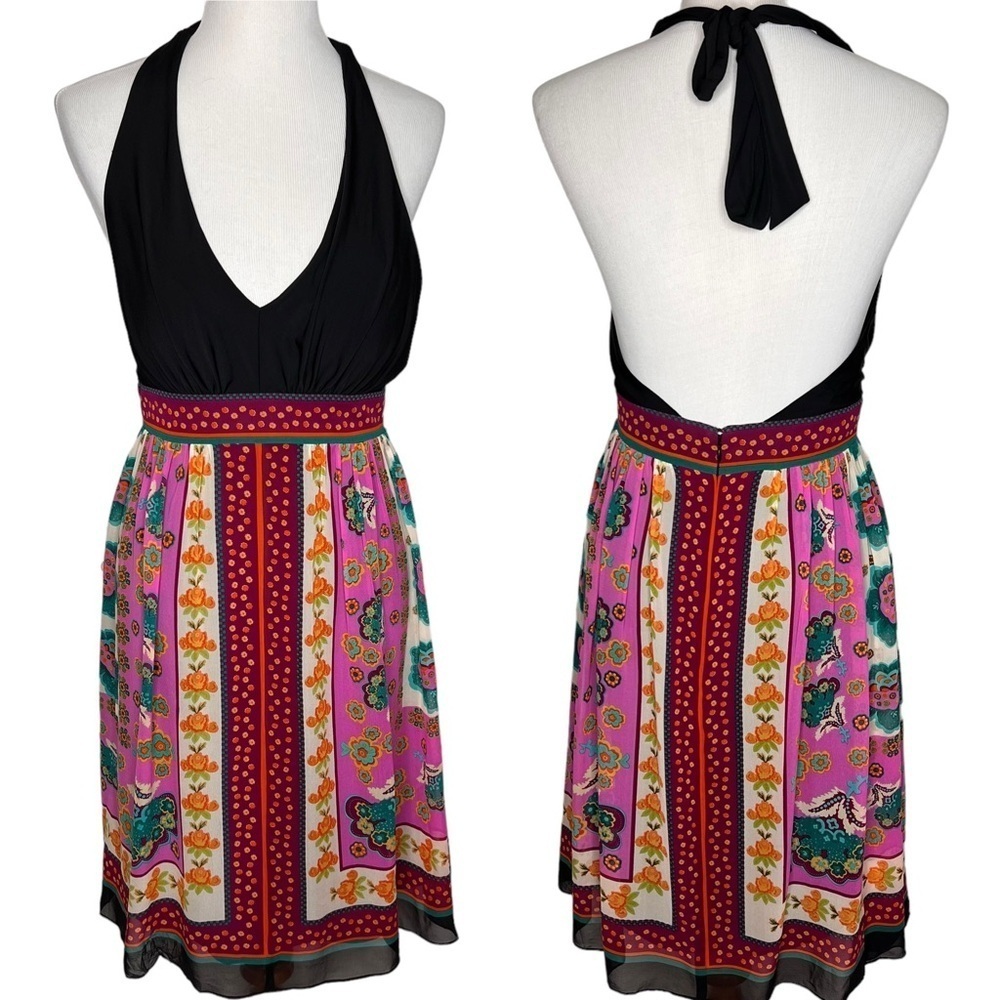 Suzi Chin For Maggy Boutique Silk Halter Dress Size 8P Black V Neck Floral Print